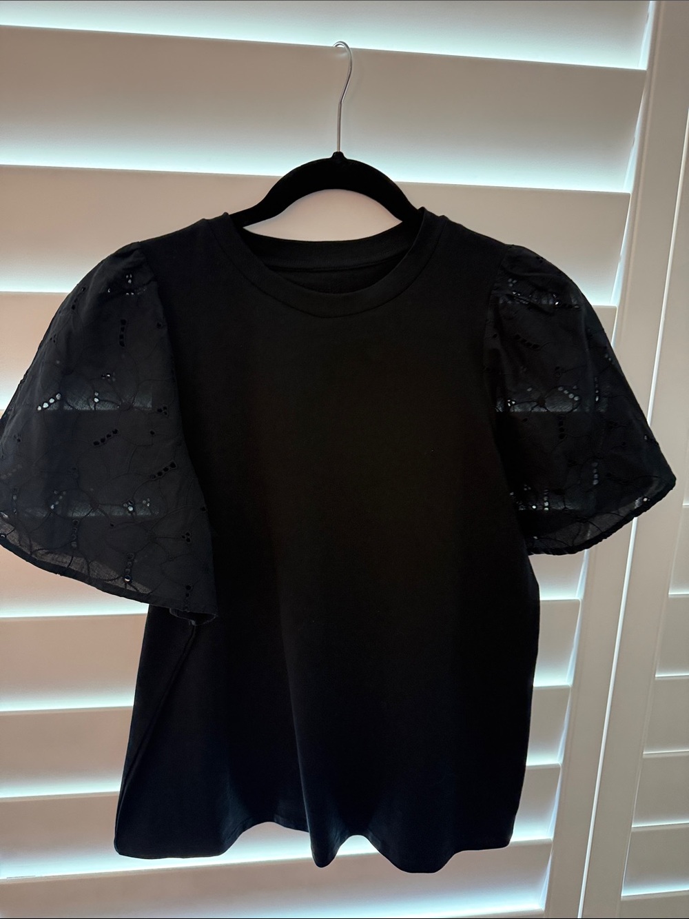 a new day Black Puff Sleeve Tee with Sheer Lace Sleeves